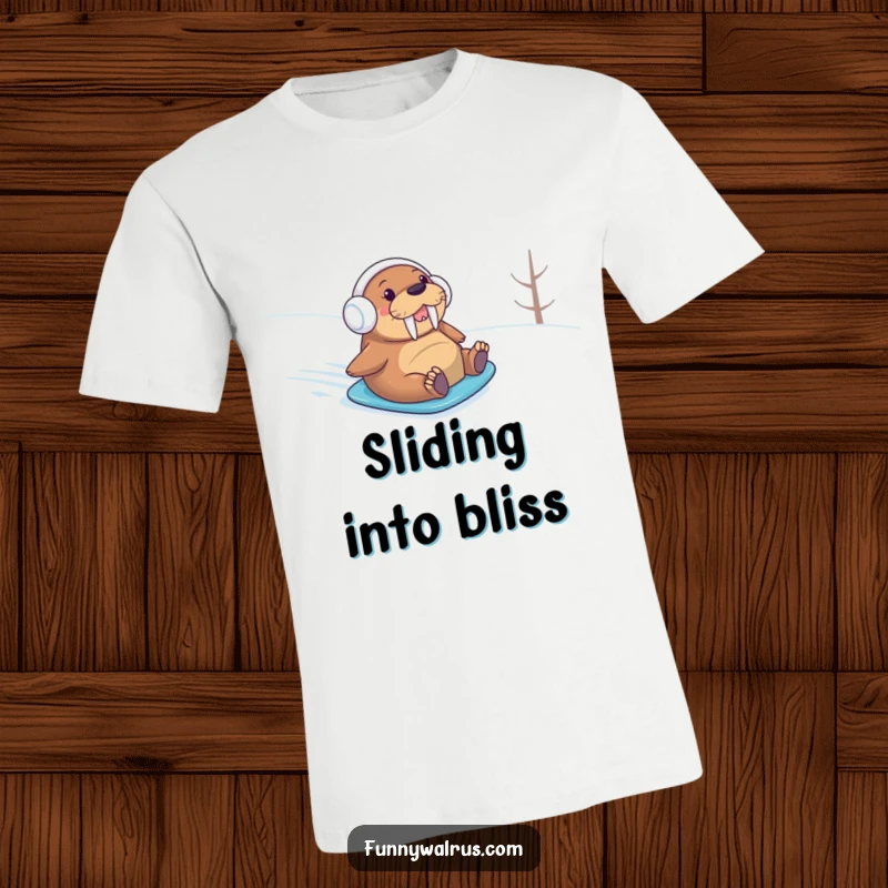 Funny walrus in earmuffs enthusiastically sledding down a snowy hill, showcasing a joyful winter adventure on a t-shirt.