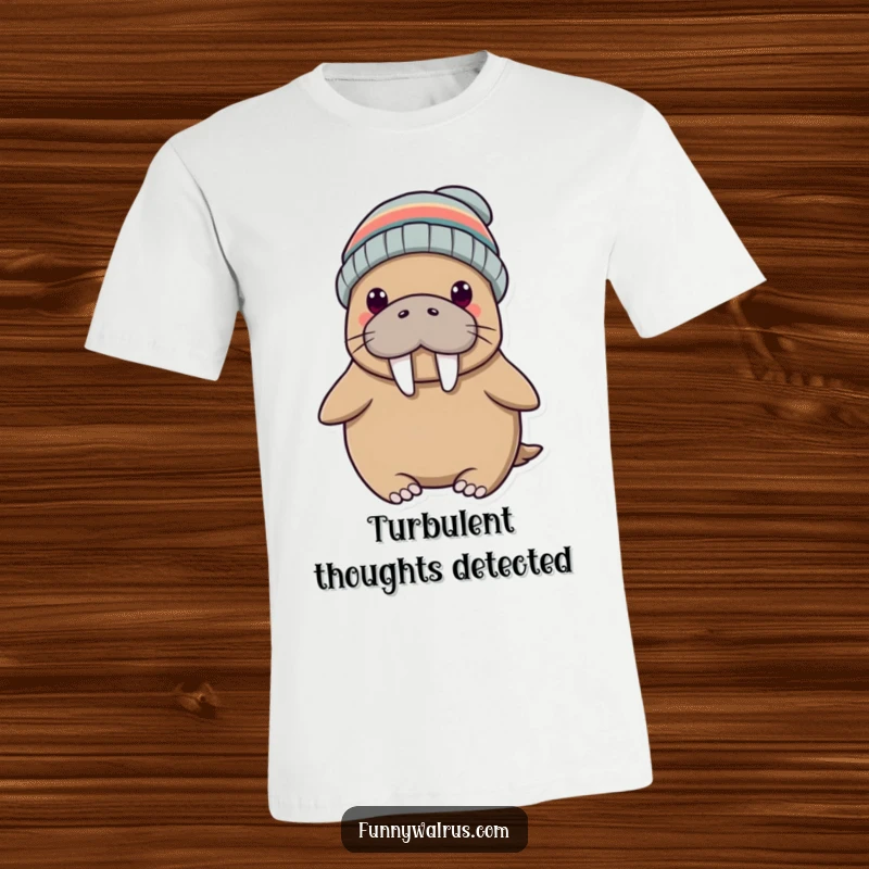 Funny t-shirt featuring a silly walrus sporting a tiny propeller beanie, ready for airborne adventures. A playful design for humor enthusiasts.