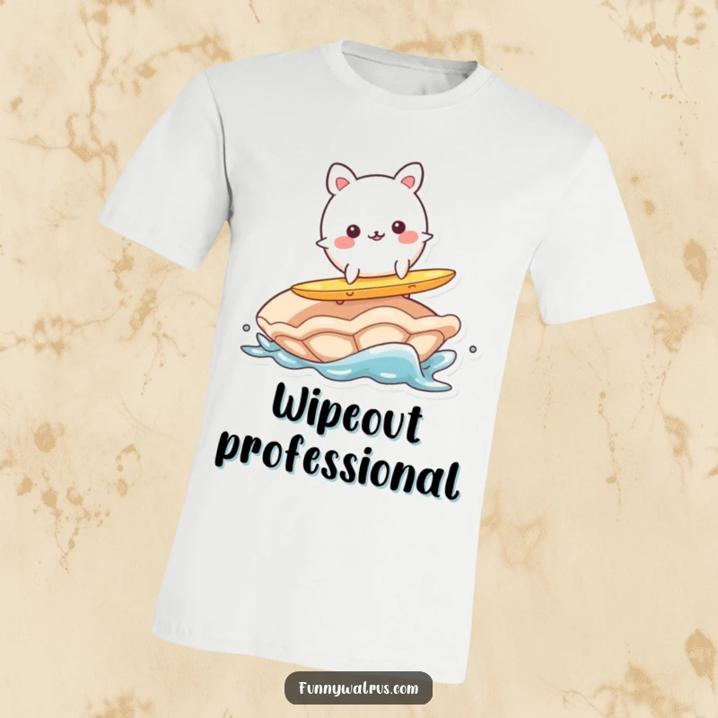 Funny T-shirt showing a wobbly, round animal character attempting to surf on a giant clam, a scene of comical ocean absurdity.