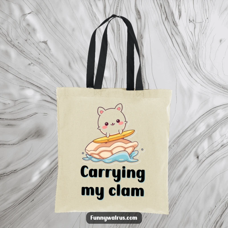 Funny tote bag depicting a wobbly, round animal character surfing on a clam, ready for beach adventures and carrying essentials.