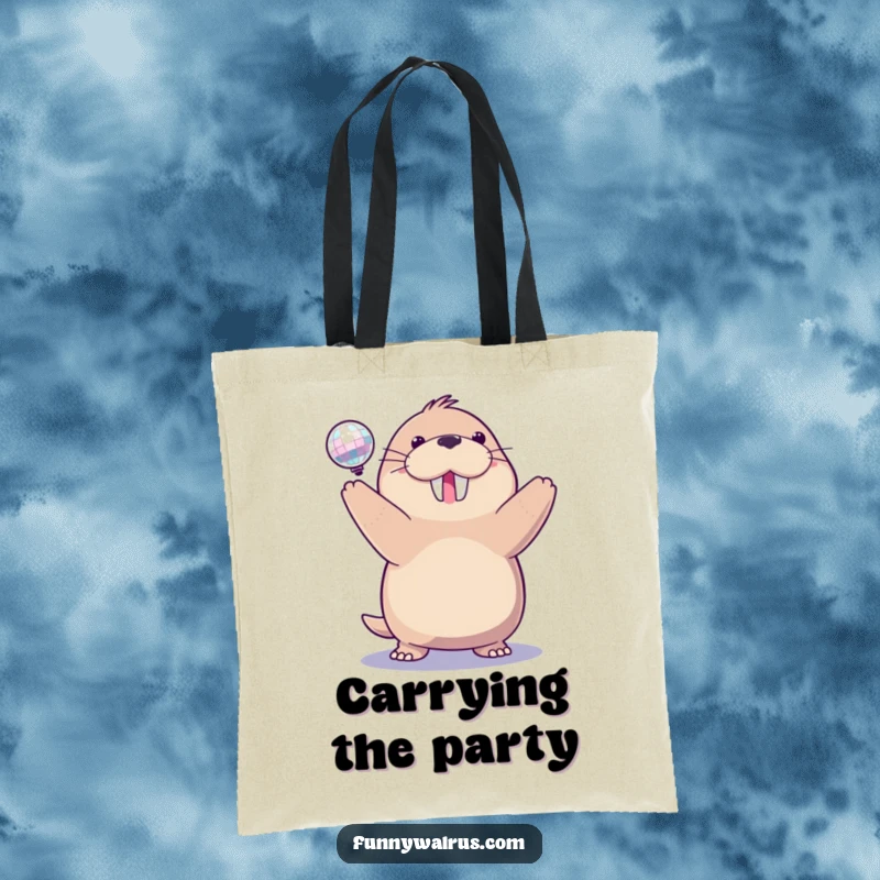Funny disco walrus tote bag with a delighted walrus spinning a sparkling disco ball, perfect for carrying essentials with flair.