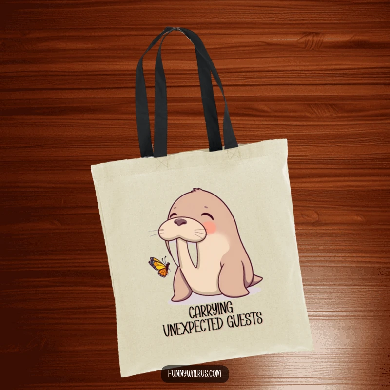 Funny walrus giggling with a butterfly on its tusk, on a tote bag, perfect for carrying lighthearted moments.