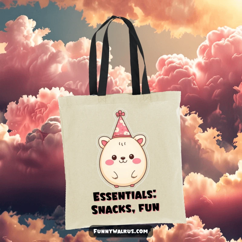 Funny tote bag featuring a cheerful, round animal character wearing a tiny party hat, ready for any celebration or outing.