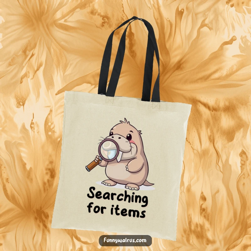 Funny curious walrus tote bag with a walrus holding a giant magnifying glass, peering closely, ideal for carrying everyday items.