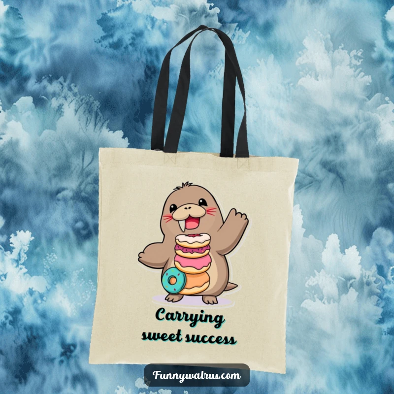Funny Walrus Tote Bag featuring a joyful walrus precariously balancing a stack of donuts, perfect for shopping.