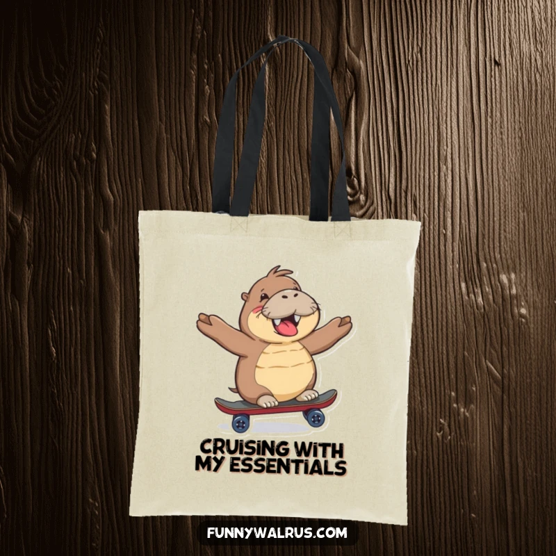 Funny Walrus Tote Bag featuring a happy walrus gleefully riding a miniature skateboard, perfect for shopping.