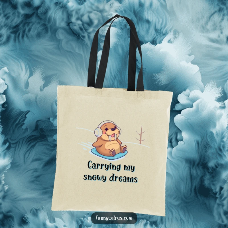 Funny walrus in earmuffs sliding on snow, featured on a tote bag, a perfect blend of practical and humorous.