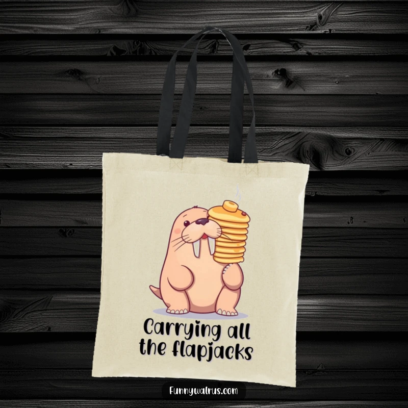 Funny walrus balancing pancakes on its nose, on a tote bag, perfect for humorous grocery runs.