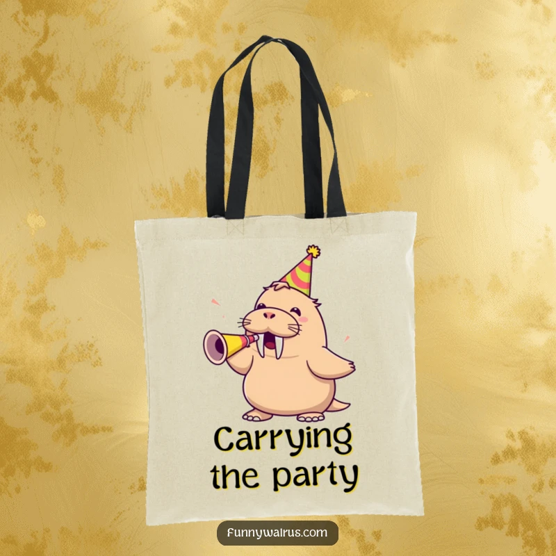 Funny walrus blowing a party horn, wearing a party hat, on a tote bag, perfect for carrying party supplies.