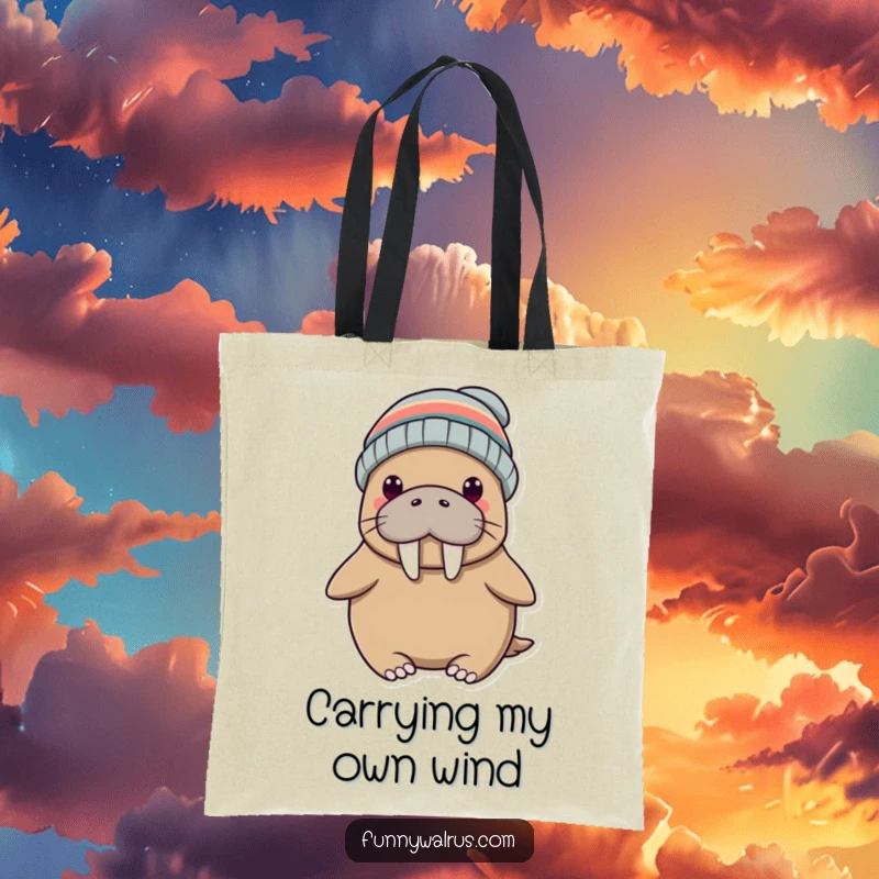 Funny tote bag featuring a silly walrus wearing a propeller beanie, ready for any outing with a smile. Sturdy and humorous accessory.